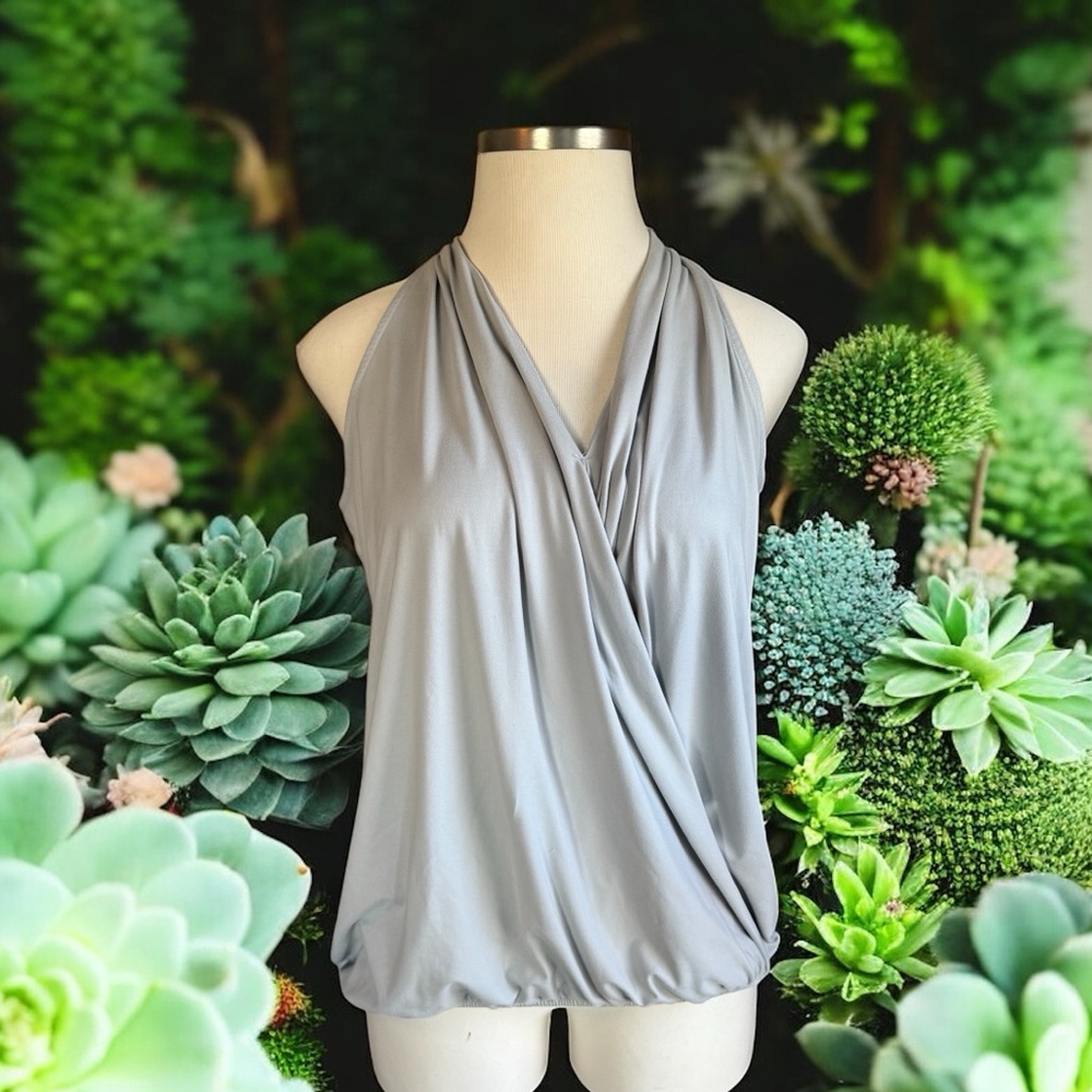 A2Y Light Grey V-Neck Drape Wrap Halter Top